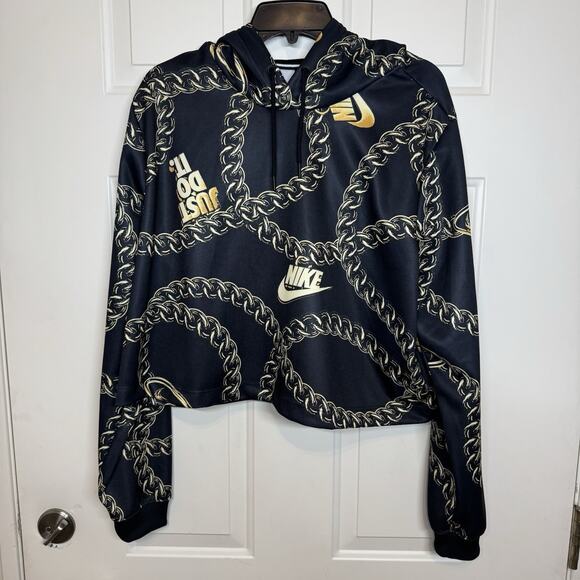Nike Sportswear Icon Clash Chain Women Crop Top Hoodie Black Gold 2X - Picture 1 of 9